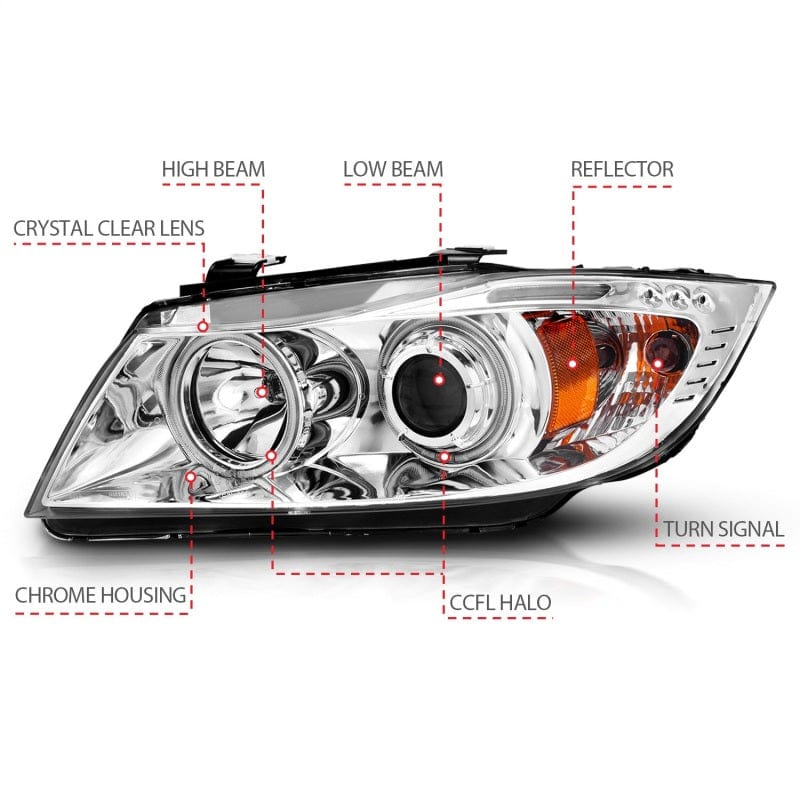 Kies-Motorsports ANZO ANZO 2006-2008 BMW 3 Series E90-E91 Projector Headlights w/ Halo w/ LED Bar Chrome (CCFL)