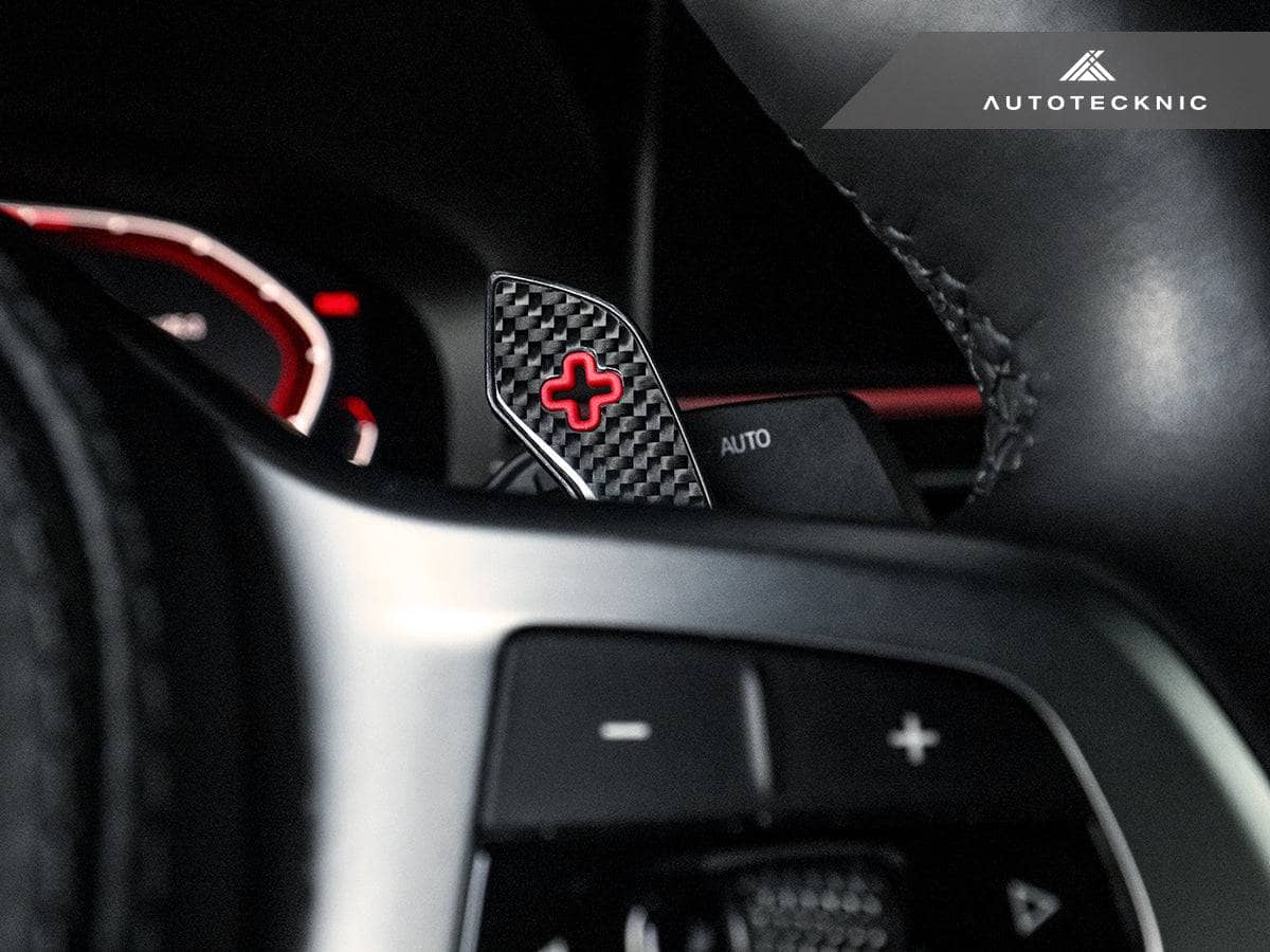 Kies-Motorsports AutoTecknic USA AutoTecknic Carbon Fiber Pole Position Shift Paddles - F90 M5 F90 M5 / Red Shift Indicators & Grip / Gloss Carbon Finish
