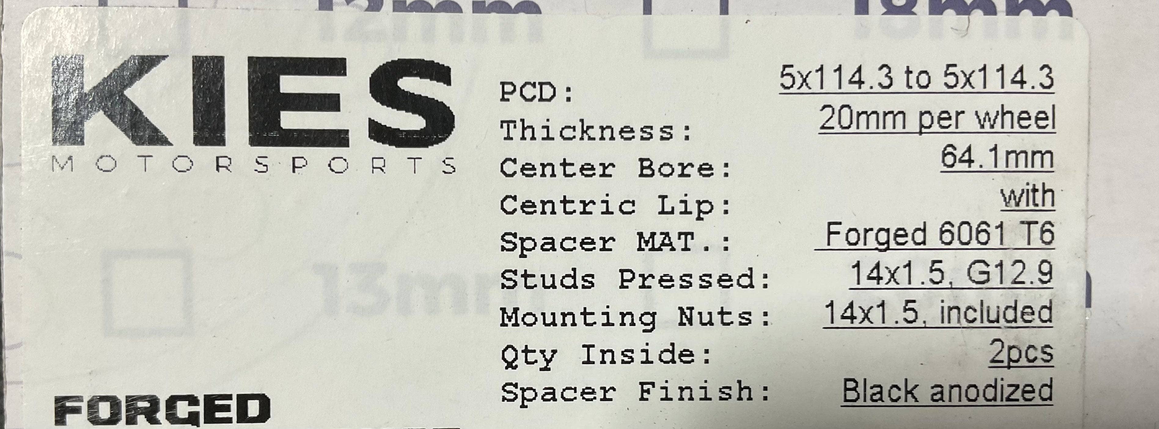 Kies-Motorsports Open Box Item OPEN BOX - Kies Spacers 5x114 Bolt Pattern (20mm Thickness) Center Bore 64.1
