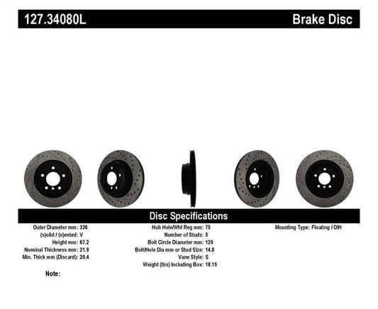 Kies-Motorsports Stoptech StopTech 06 BMW 330 / 07-09 BMW 335 Slotted & Drilled Left Rear Rotor