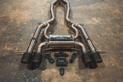 Kies-Motorsports Valvetronic Designs BMW G8x M3 / M4 Valved Sport Exhaust System AXLEBACK ONLY / BRUSHED T304 STAINLESS STEEL / (4) 1X1 CARBON FIBER (4.0 OUTLET)