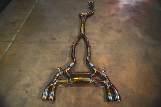 Kies-Motorsports Valvetronic Designs BMW X3M / X4M Valved Sport Exhaust System (F97 / F98) Equal length resonated design / Burnt Gold / Purple Titanium / (4) Brushed Steel (3.5 inch outlet)