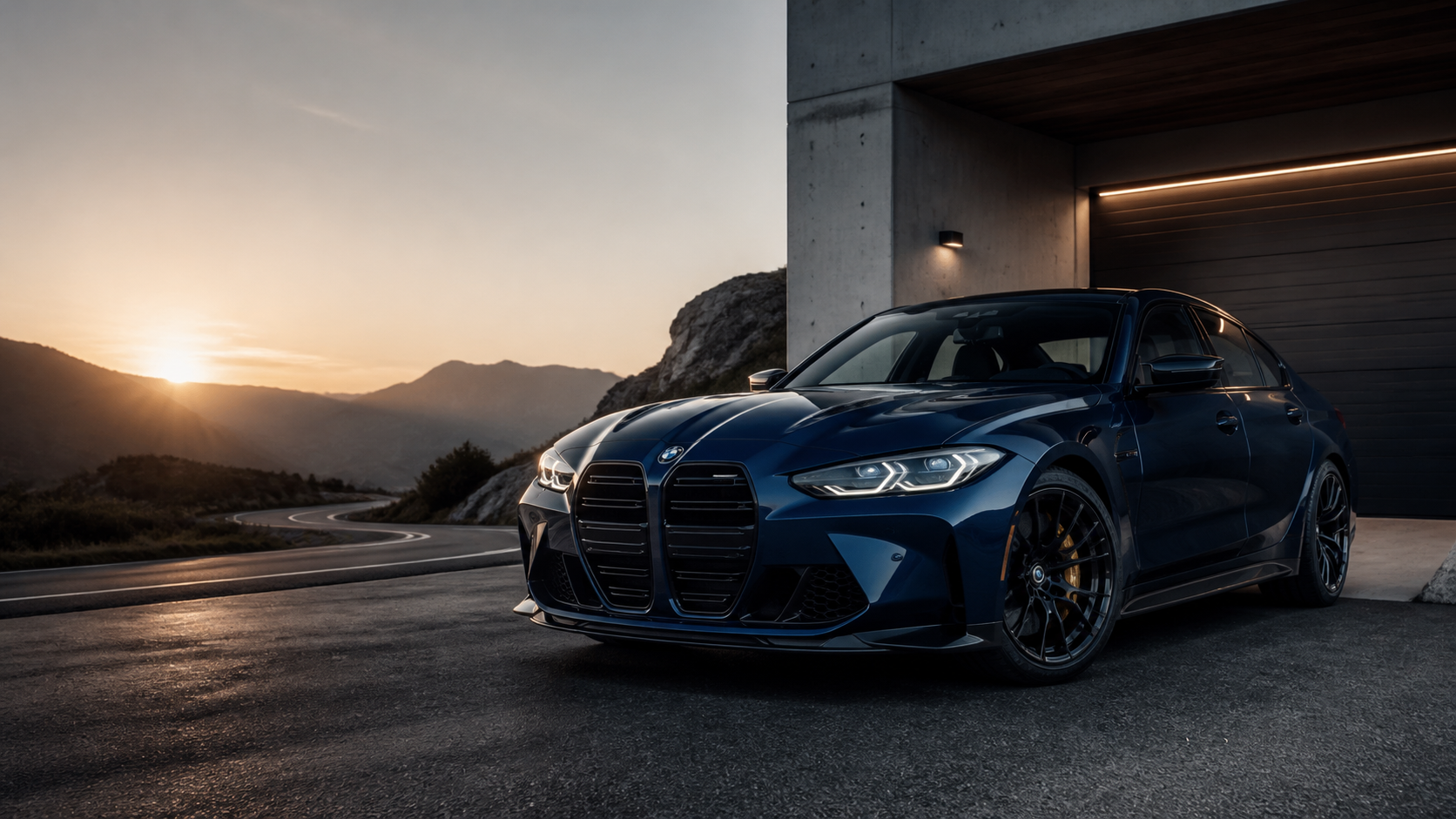 Dark blue BMW M3 photographed at sunrise