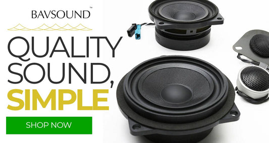 Bavsound car speakers with 'Quality Sound, Simple' text and a 'Shop Now' button on a white background.