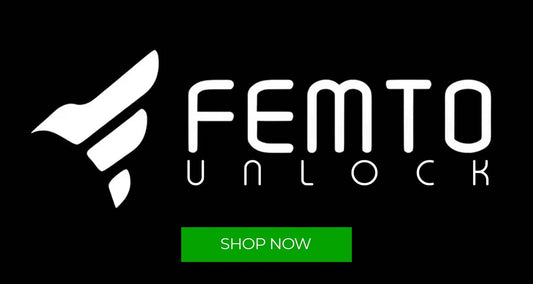 Femto Unlock logo with a white bird-like symbol on a black background