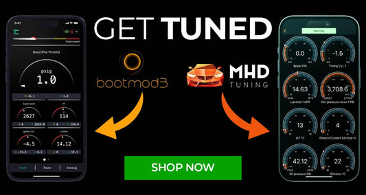 Advertisement for bootmod3 MHD tuning software with smartphone screens displaying diagnostic tools on a black background.