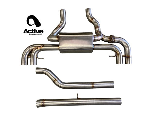 Active Autowerke BMW M340i valved rear exhaust w carbon over black chrome tips — G-series M340i M440i — 11-089CB; muffler assembly, selected tips not shown