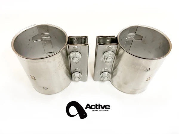 Active Autowerke BMW F8X midpipe clamp set (2 ball, 2 Torca) — 2014+ M3 / M4, 2019+ M2C — 11-097; clamp-set component view Main image