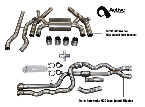 Active Autowerke BMW F87 M2C Exhaust Bundle equal length (rear + EL midpipe) carbon tips — 2019+ M2 Competition — 11-810C; kit and available finish options illustrated Main image