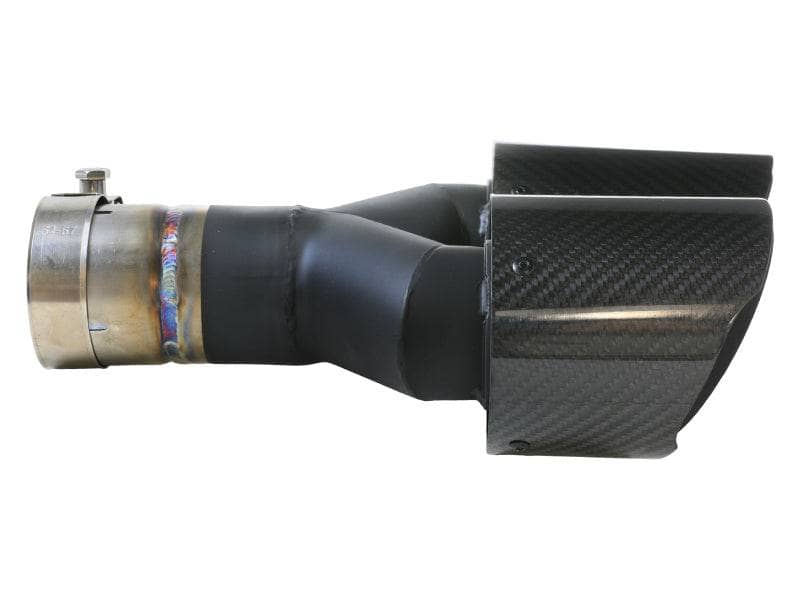 aFe Takeda 2.5in 304 Stainless Steel Clamp-on Exhaust Tip Driver side 2.5in Inlet 4in Dual-Carbon Secondary image