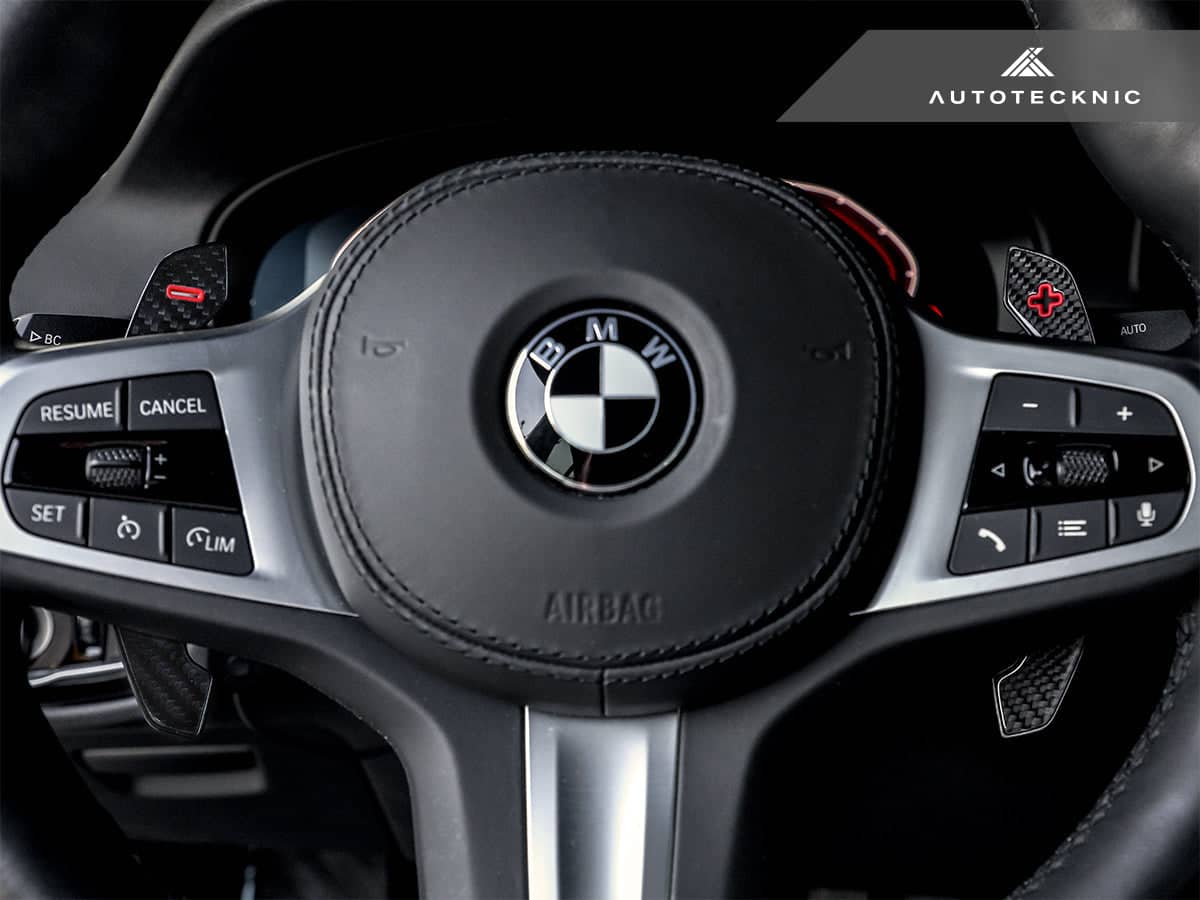 Kies-Motorsports AutoTecknic USA AutoTecknic Carbon Fiber Pole Position Shift Paddles - F95 X5M F95 X5M / Red Shift Indicators & Grip / Gloss Carbon Finish