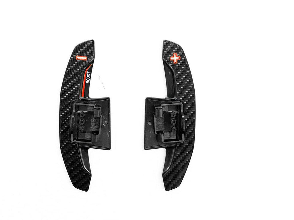 Kies-Motorsports AutoTecknic USA AutoTecknic Carbon Fiber V2 Pole Position Shift Paddles - BMW G9X M5 & More 2024-Up Red Shift Indicators & Grip / Gloss Carbon Finish