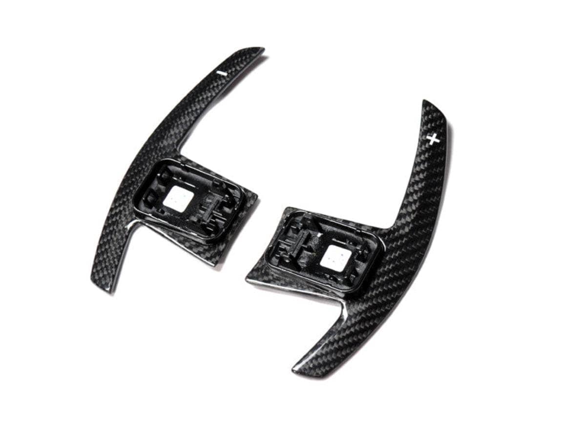 Kies-Motorsports AutoTecknic USA AutoTecknic Dry Carbon Battle Version Shift Paddles - BMW F91/ F92/ F93 M8 F9X M8 / White Shift Indicators / Gloss Carbon Finish