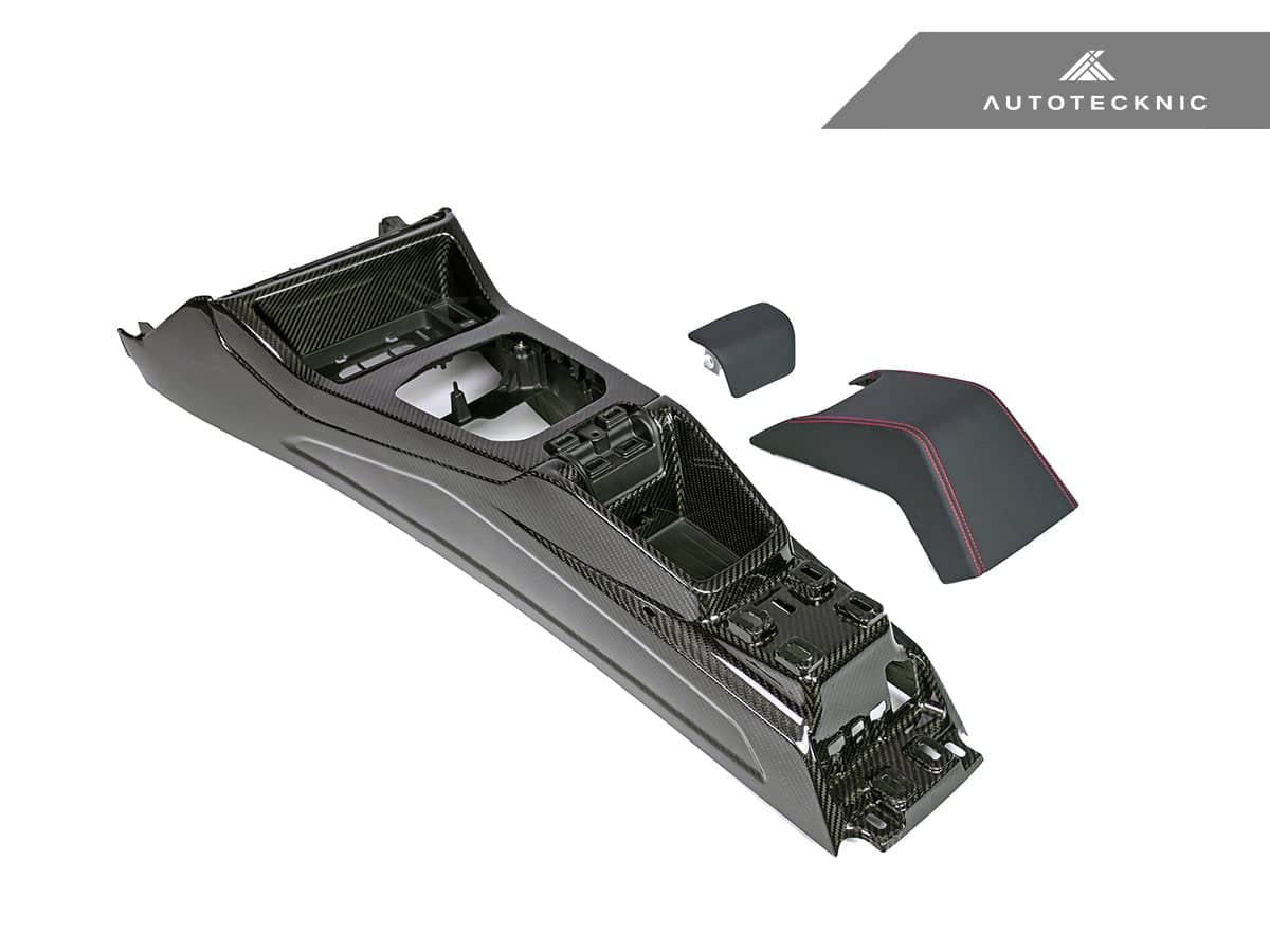Kies-Motorsports AutoTecknic USA AutoTecknic Pre-Preg Carbon CSL Center Console - BMW G8X M2 / M3 / M4 (Automatic) 2x2 Twill Carbon Fiber | Gloss Finish / Black Leather Hand Pad + Armrest (Red Stitching) / Left Hand Drive (LHD) | Automatic