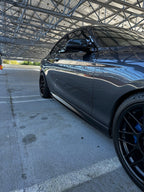 Kies Motorsports — close-up of the carbon fiber weave and edge finish on F22/F23 performance side skirt extension, showing quality detail