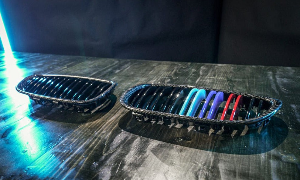 Kies Motorsports — close-up detail of 2007-2010 BMW 3 Series (E92) Pre-LCI Carbon Fiber Dual Slat Kidney Grilles (Various Finishes)