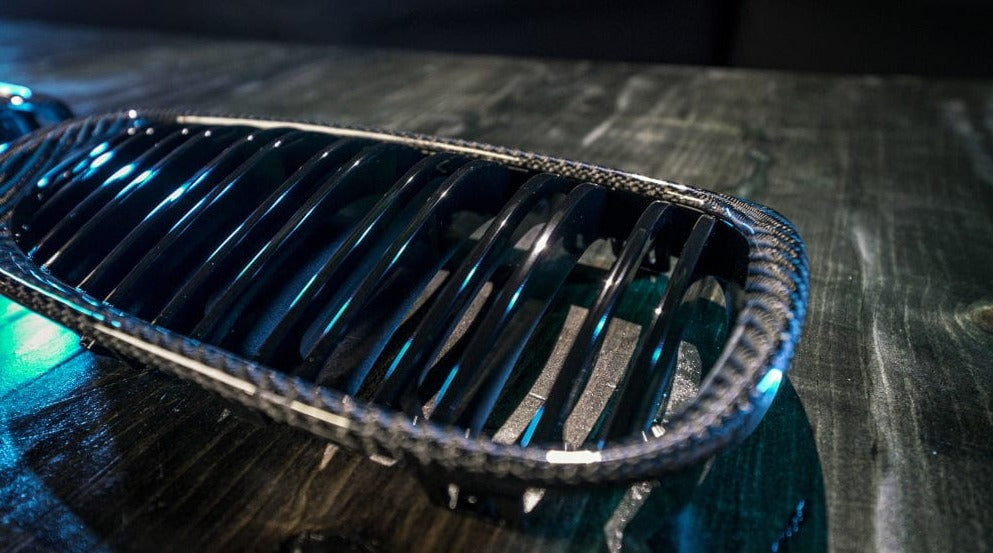 Kies Motorsports — side profile of 2007-2010 BMW 3 Series (E92) Pre-LCI Carbon Fiber Dual Slat Kidney Grilles (Various Finishes)