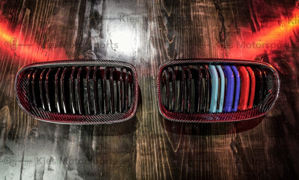 Kies Motorsports — front angle view of 2008-2012 BMW 3 Series (E90) LCI Carbon Fiber Double Slatted Kidney Grilles