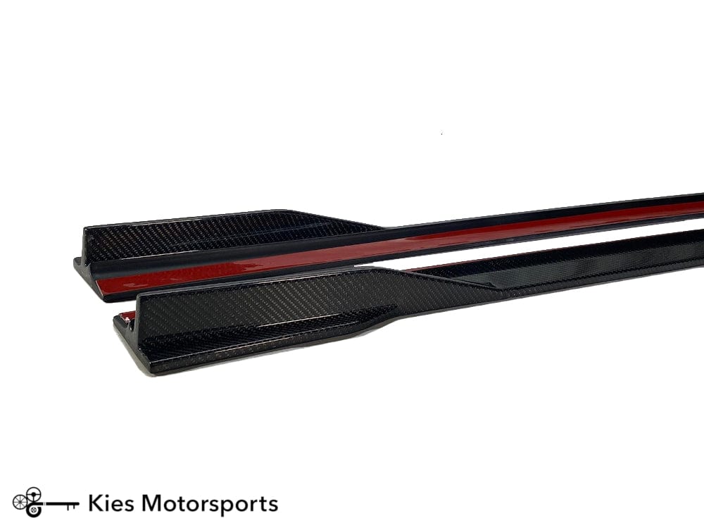 Kies Motorsports — competition-inspired carbon fiber side skirt extensions on BMW G20 3 Series, side profile showing extended lower body line Main image