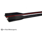 Kies Motorsports — competition-inspired carbon fiber side skirt extensions on BMW G20 3 Series, side profile showing extended lower body line