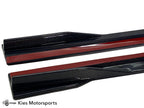 Kies Motorsports — close-up of carbon fiber side skirt extension on BMW G20, showing competition-style outward flare and weave detail