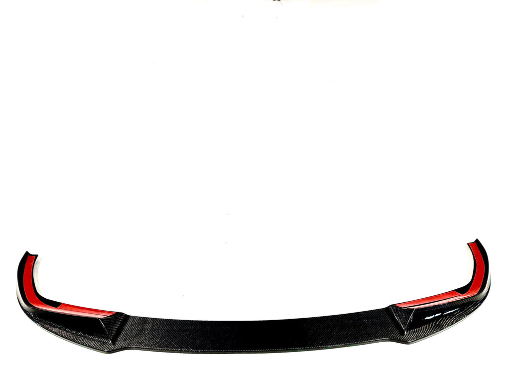 Kies Motorsports — close-up of carbon weave and edge detail on G20 M Performance style front lip, showing precision fitment to M Sport bumper