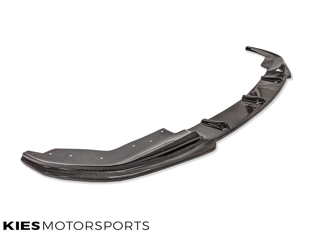 Kies Motorsports — close-up detail of VSX carbon front lip weave pattern and sharp edge design for BMW G20, showing quality carbon finish
