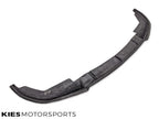 Kies Motorsports — low-angle front view of VSX carbon fiber lip on BMW G20, emphasizing the aggressive splitter overhang and carbon weave