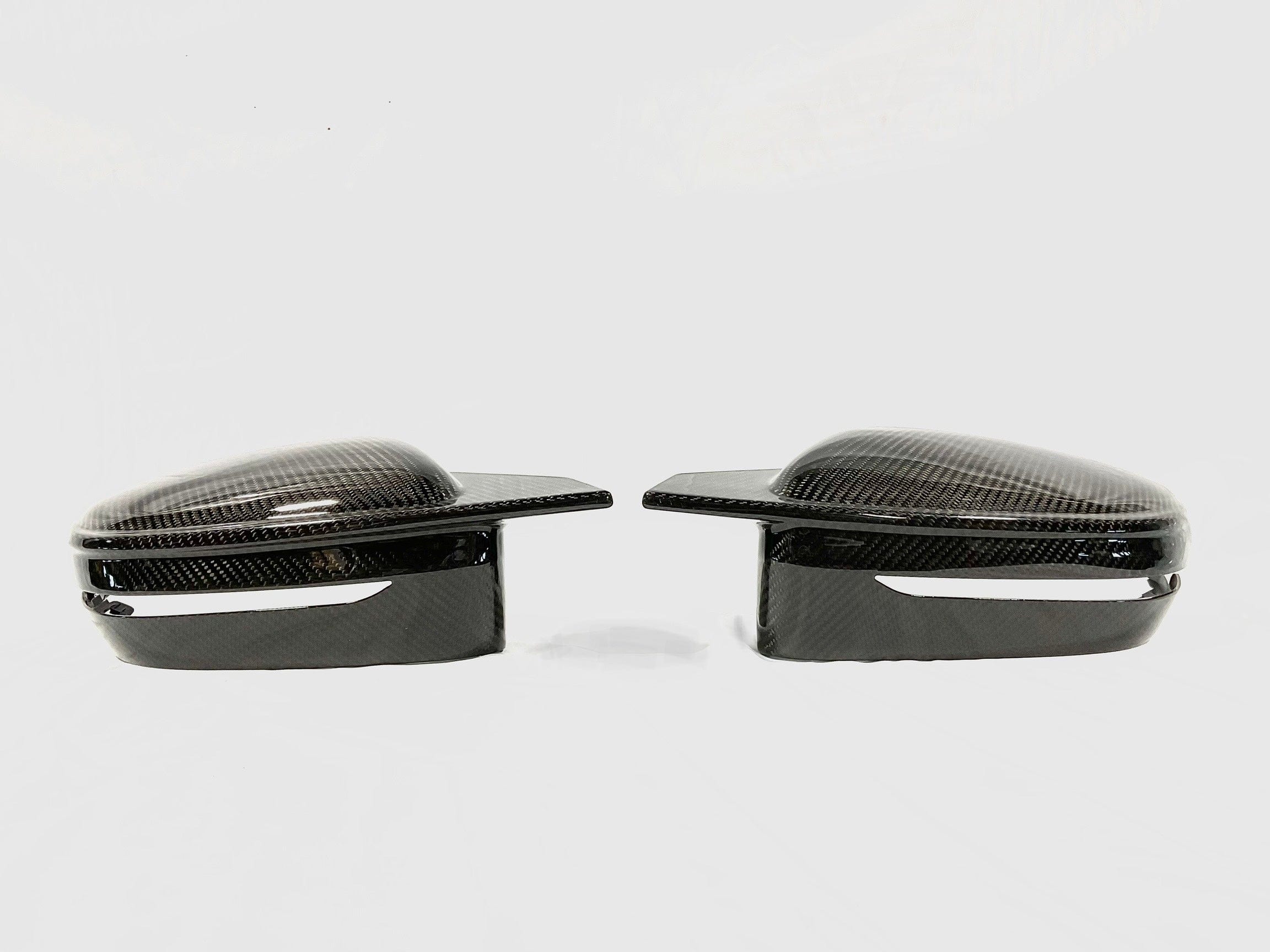 Kies Motorsports — front angle view of 2019+ BMW 3 Series (G20) Bull Horn Style Dry Carbon Full Replacement Mirror Covers Main image