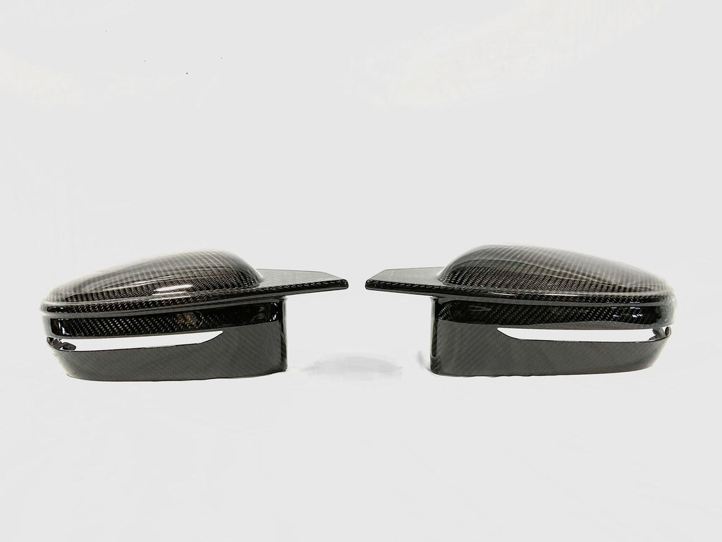 Kies Motorsports — front angle view of 2019+ BMW 3 Series (G20) Bull Horn Style Dry Carbon Full Replacement Mirror Covers