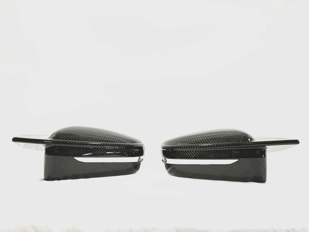 Kies Motorsports — close-up detail of 2019+ BMW 3 Series (G20) Bull Horn Style Dry Carbon Full Replacement Mirror Covers