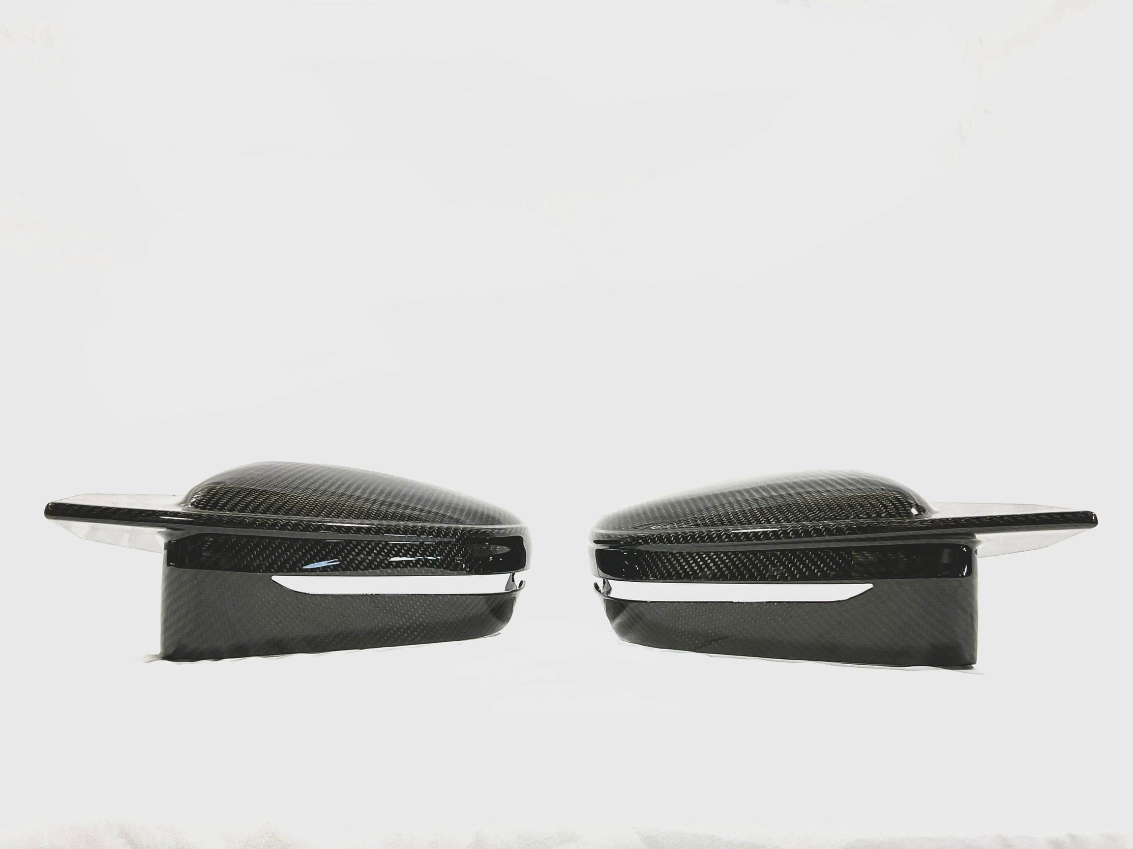 Kies Motorsports — close-up detail of 2019+ BMW 3 Series (G20) Bull Horn Style Dry Carbon Full Replacement Mirror Covers