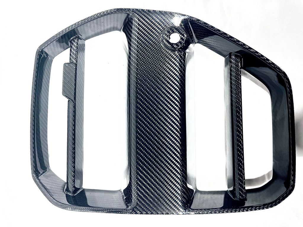 Kies Motorsports — rear angle view of 2020-2025 BMW M3 (G80) / M4 (G82 / G83) Vorsteiner Inspired Dry Carbon Full Replacement Kidney Grille