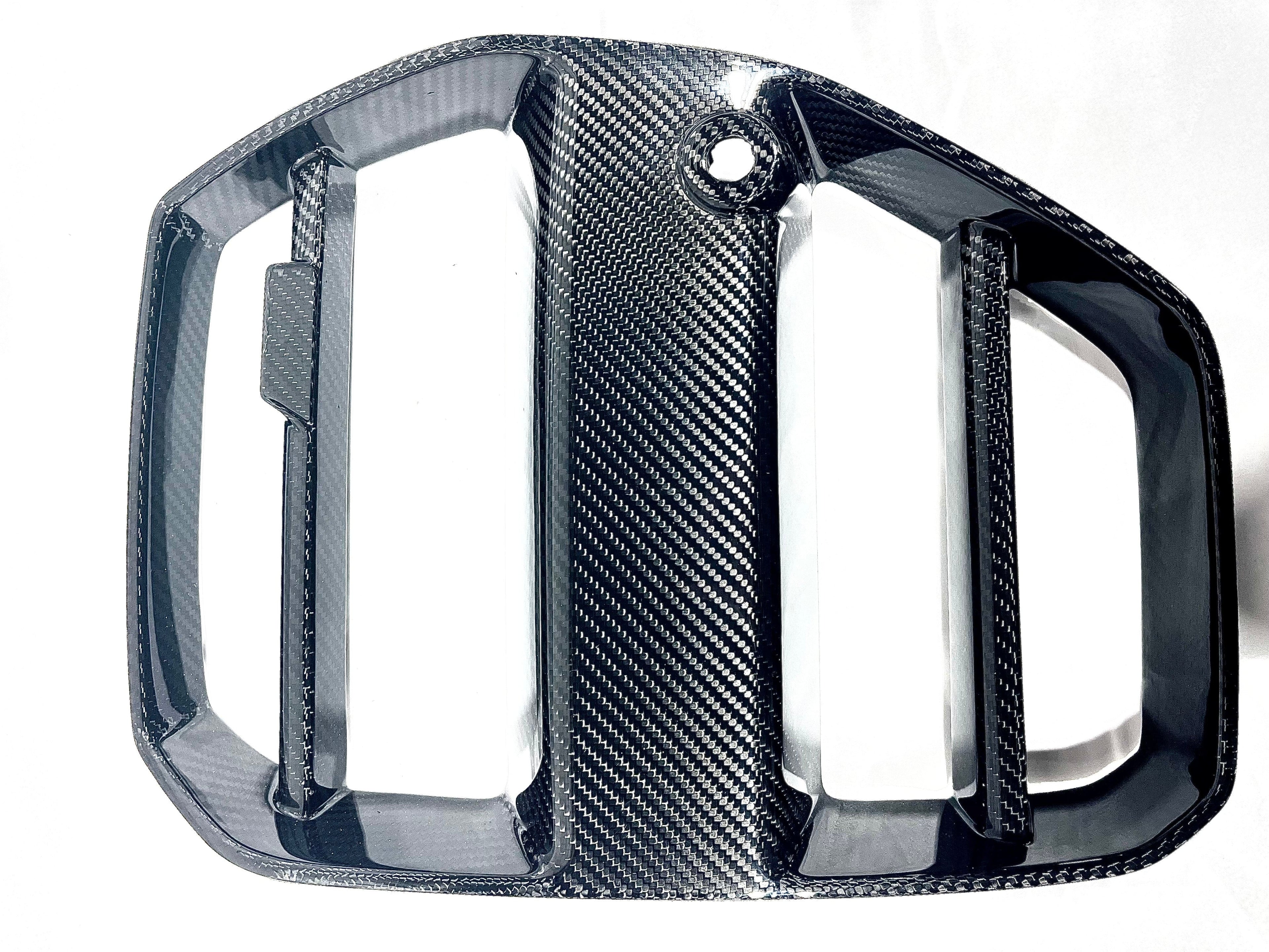 Kies Motorsports — rear angle view of 2020-2025 BMW M3 (G80) / M4 (G82 / G83) Vorsteiner Inspired Dry Carbon Full Replacement Kidney Grille
