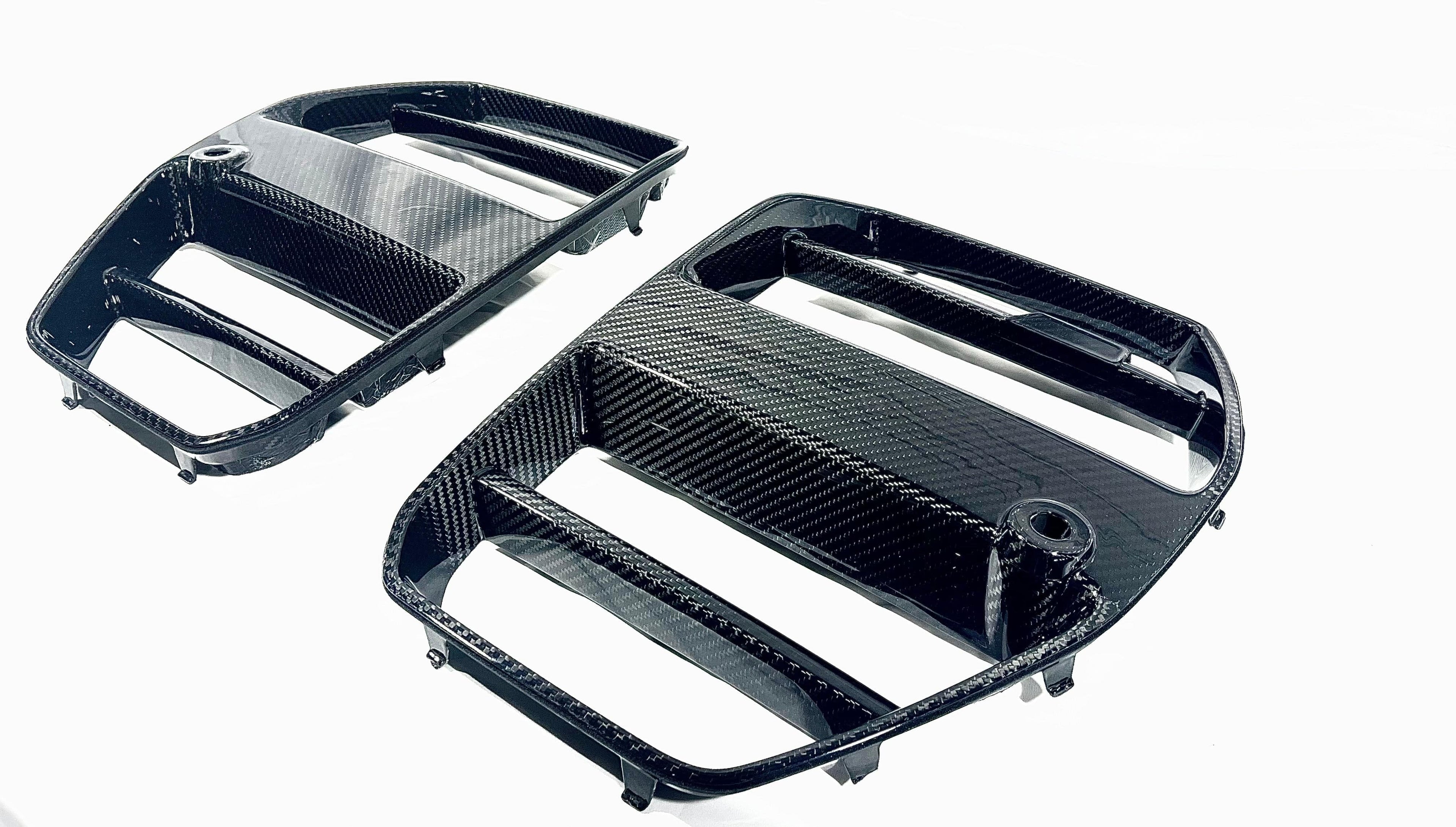 Kies Motorsports — close-up detail of 2020-2025 BMW M3 (G80) / M4 (G82 / G83) Vorsteiner Inspired Dry Carbon Full Replacement Kidney Grille