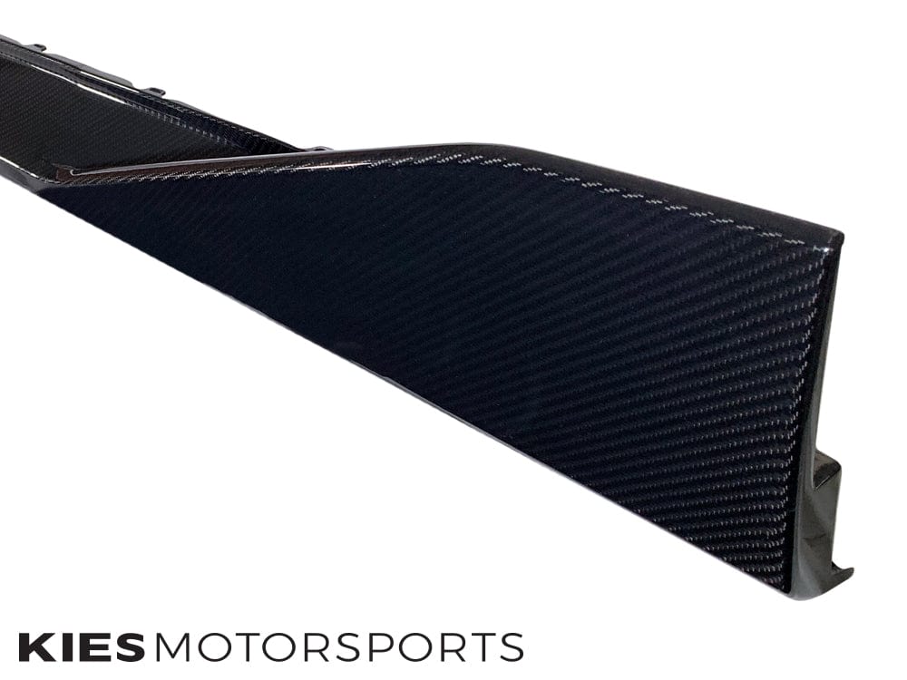 Kies Motorsports — alternate angle of 2020-2025 BMW M3 / M4 (G80 / G82 / G83) Performance Inspired Dry Carbon Fiber Side Skirt Extensions with Wing