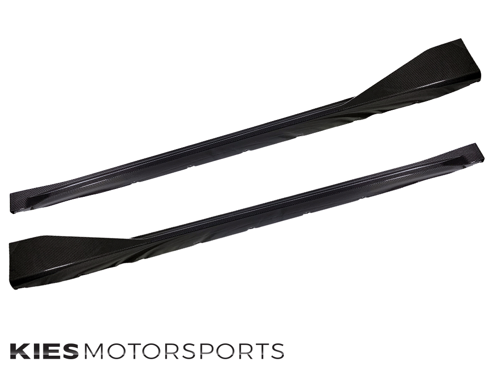 Kies Motorsports — front angle view of 2020-2025 BMW M3 / M4 (G80 / G82 / G83) Performance Inspired Dry Carbon Fiber Side Skirt Extensions with Wing