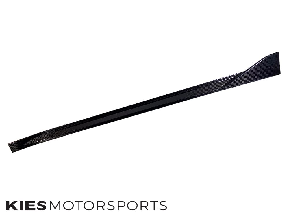 Kies Motorsports — close-up detail of 2020-2025 BMW M3 / M4 (G80 / G82 / G83) Performance Inspired Dry Carbon Fiber Side Skirt Extensions with Wing