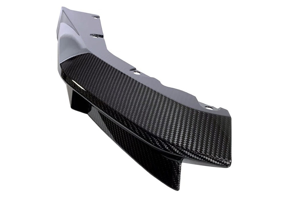 Kies Motorsports — installed on-vehicle shot of 2021-2026 BMW M4 (G82 / G83) OEM Replacement Dry Carbon Fiber Rear Bumper Splitters