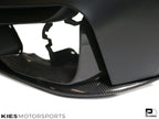 Kies Motorsports — close-up of carbon fiber weave and splitter detail on F30 M3 conversion front lip, showing M Performance-inspired center contour