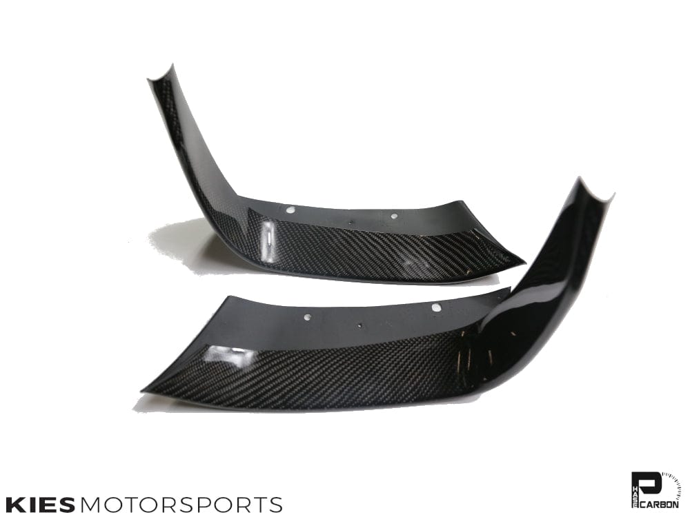 Kies Motorsports — low-angle front shot of F30 M3 conversion carbon fiber lip, emphasizing the aggressive splitter overhang and ground clearance