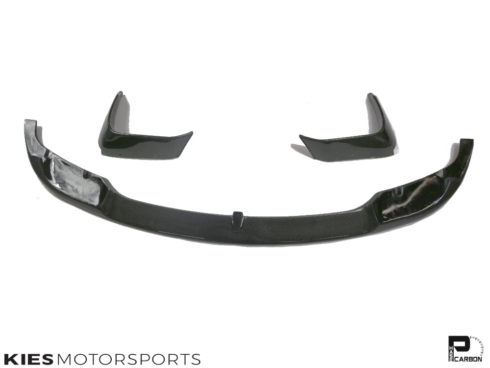 Kies Motorsports — M3 conversion M Performance style carbon fiber front lip on BMW F30 with M3-style bumper, front view showing aggressive wide-body stance