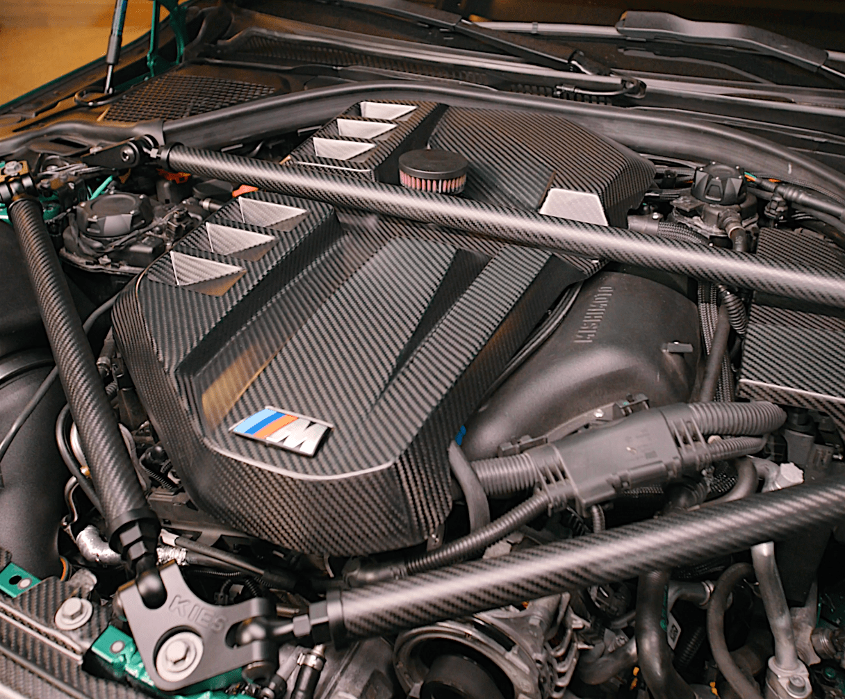 Kies Motorsports — front angle view of BMW G8X Matte Dry Carbon Engine Bay Kit for the M2 / M3 / M4
