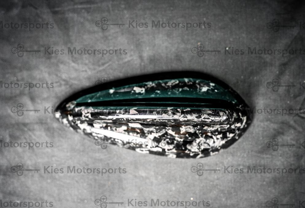 Kies Motorsports — forged carbon fiber antenna overlay for BMW F22/F30/F32 and G series, side angle showing how it wraps the shark fin profile