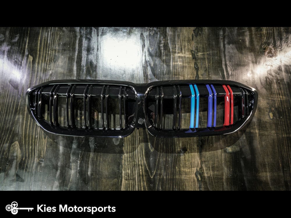Kies Motorsports — BMW G20 dual slat kidney grille, installed on vehicle, rear three-quarter view, G20