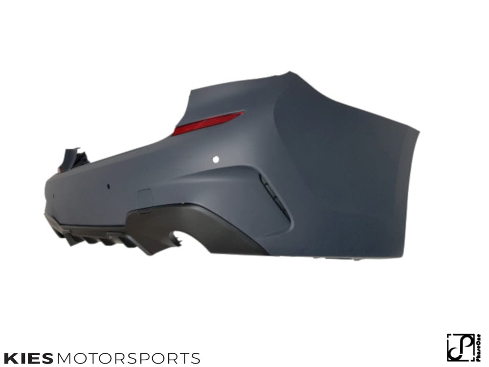 Kies Motorsports — BMW G20 rear diffuser, installed on vehicle, rear three-quarter view, G20