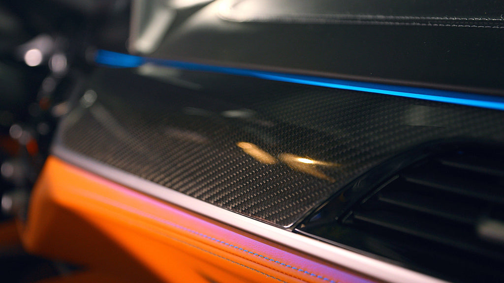 Kies Motorsports — installed on-vehicle shot of BMW F90 M5 Pre-LCI Carbon Fiber Interior Trim Overlay Kit