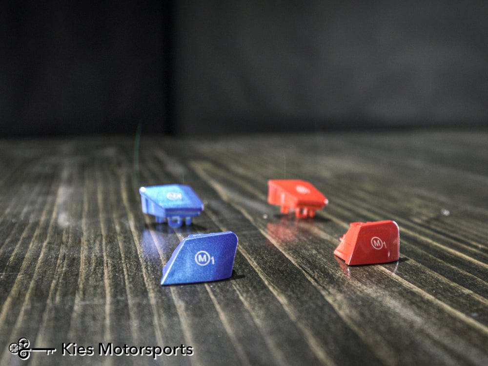 Kies Motorsports — close-up detail of BMW M1 M2 Individual Buttons - Blue and Red - F8X