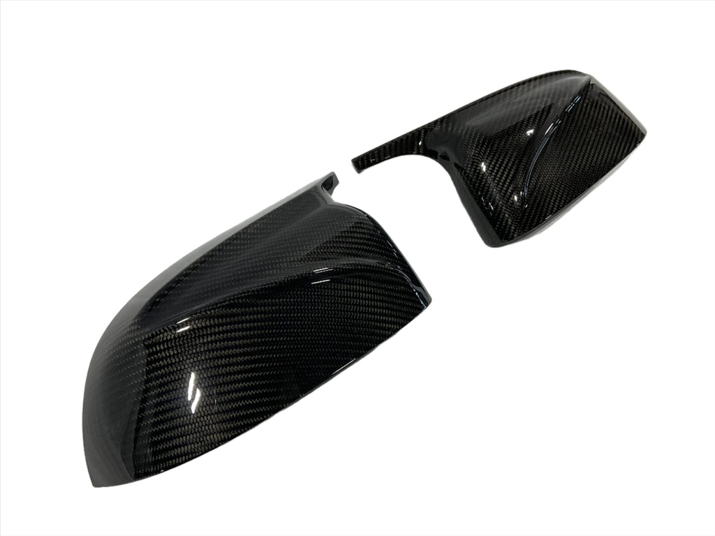 Kies Motorsports — BMW G01 G02 G05 G06 G07 dry carbon fiber mirror cover, angle view showing profile and fitment for G01 G02 G05 G06 G07