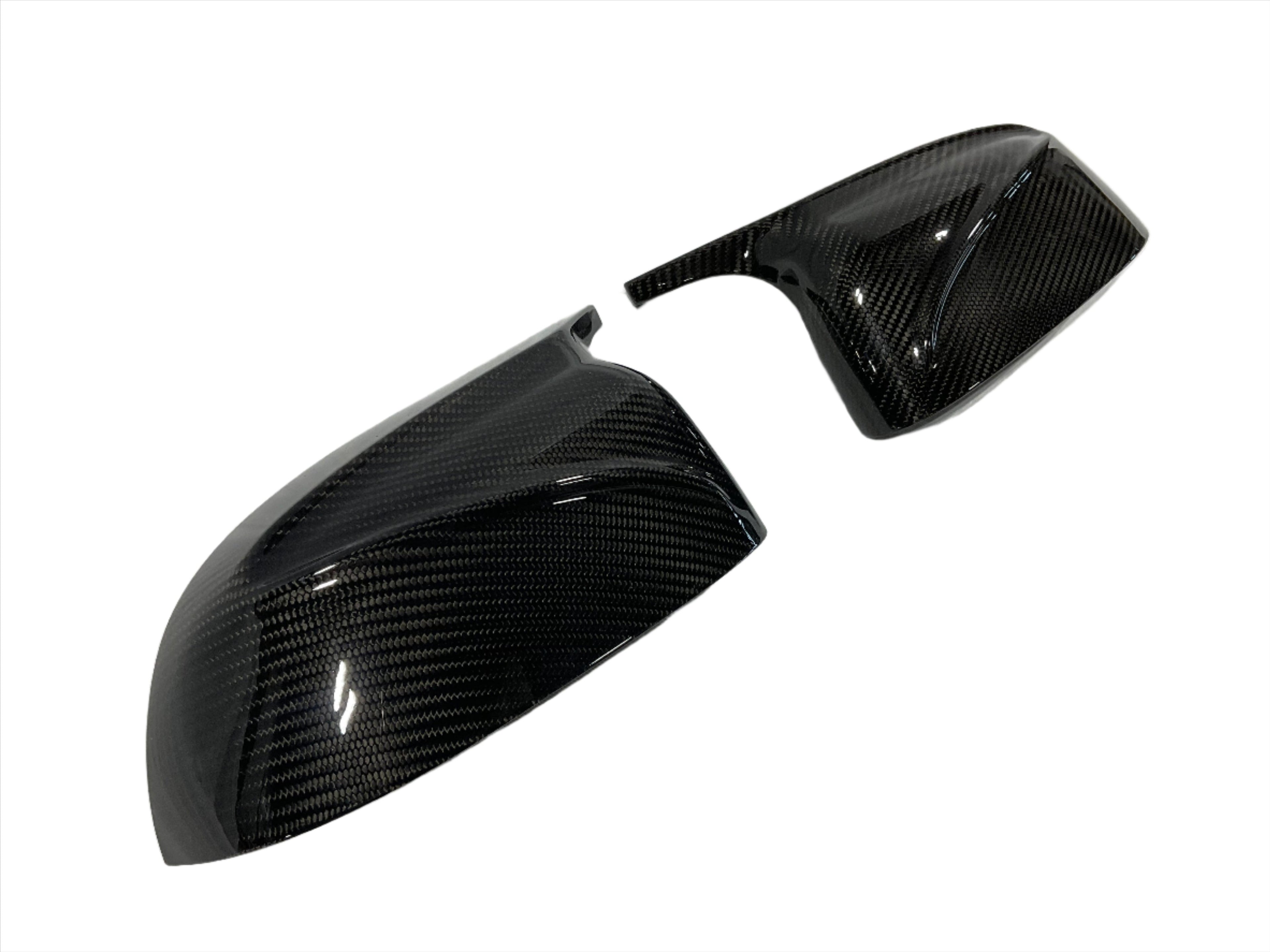 Kies Motorsports — BMW G01 G02 G05 G06 G07 dry carbon fiber mirror cover, angle view showing profile and fitment for G01 G02 G05 G06 G07